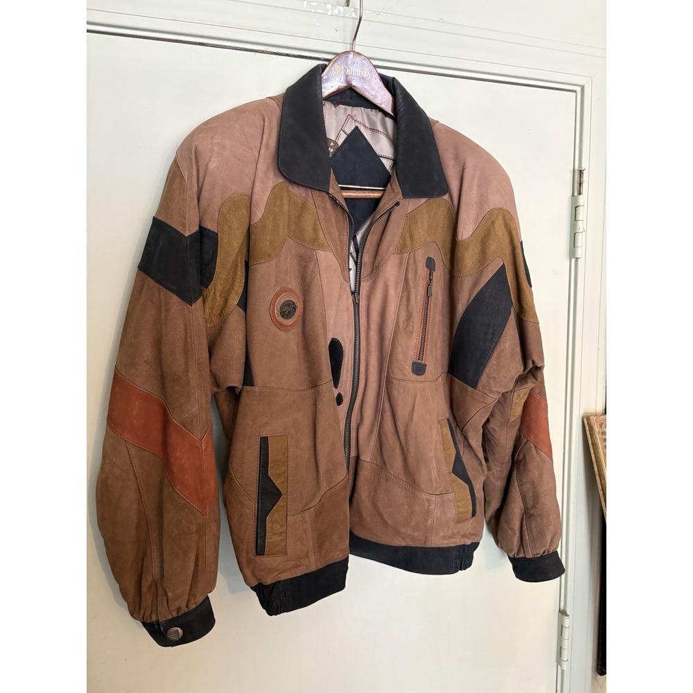 Vintage Patchwork Style Leather Suede Bomber Jacket Size Med